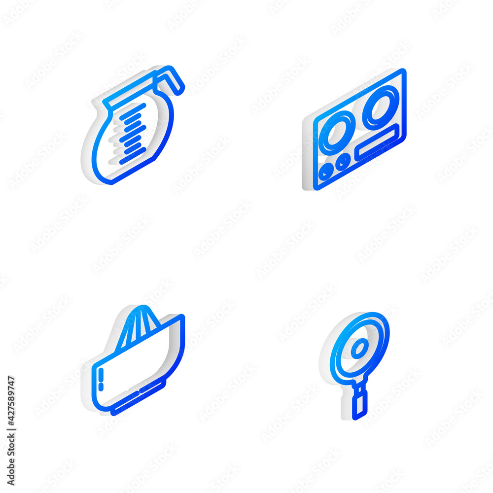 Set Isometric line Gas stove, Coffee pot, Citrus fruit juicer and Frying pan icon. Vector Set Isometric line Gas stove, Coffee pot, Citrus fruit juicer and Frying pan icon. Vector