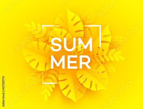 Bright yellow summer background. The inscription Summer surrounded by paper cut tropical palm leaves on a yellow background. Vector illustration