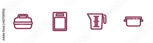 Set line Cooking pot, Measuring cup, Cutting board and icon. Vector