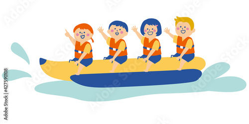 バナナボートに乗っている子供たちのイラスト