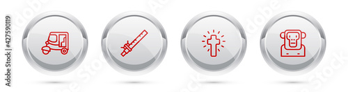 Set line Taxi tuk tuk, Bamboo flute indian, Christian cross and Monkey. Silver circle button. Vector