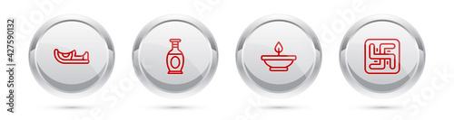Set line Indian shoes, vase, Aroma lamp and Hindu swastika. Silver circle button. Vector