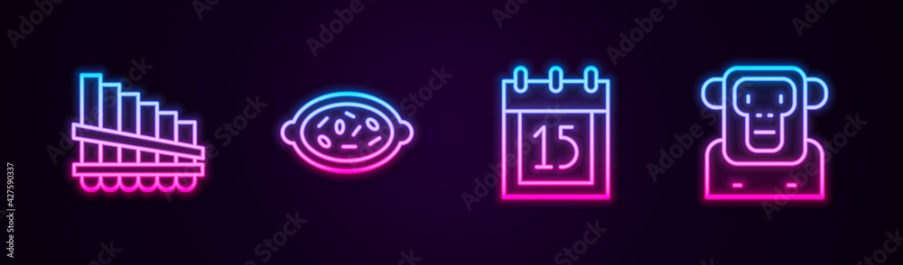 Set line Pan flute, Kheer in bowl, Independence day India and Monkey. Glowing neon icon. Vector Set line Pan flute, Kheer in bowl, Independence day India and Monkey. Glowing neon icon. Vector