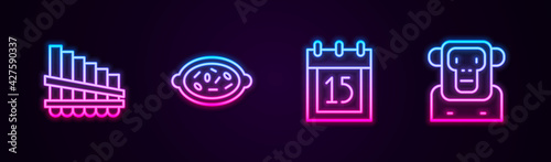 Set line Pan flute, Kheer in bowl, Independence day India and Monkey. Glowing neon icon. Vector
