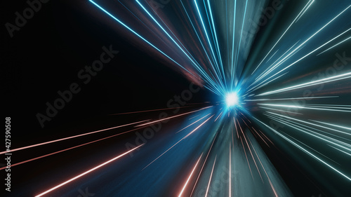 3D Rendering of abstract fast moving stripe lines with glowing light flare. High speed motion blur. Concept of leading in business, Hi tech products, warp speed wormhole science.
