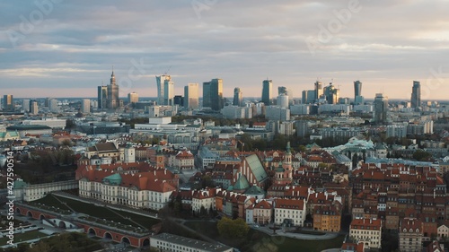 Aerial view of Warsaw current urban landscape on bank of Vistula during sunset. High quality photo © CameraCraft