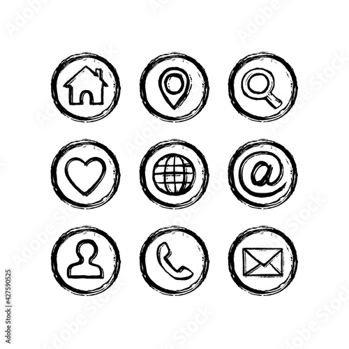 Set network icons. Hand-drawn by brush. Texture grunge style. Home, favorites, user, email, search, pin, internet, phone call, arroba, cursor icons.