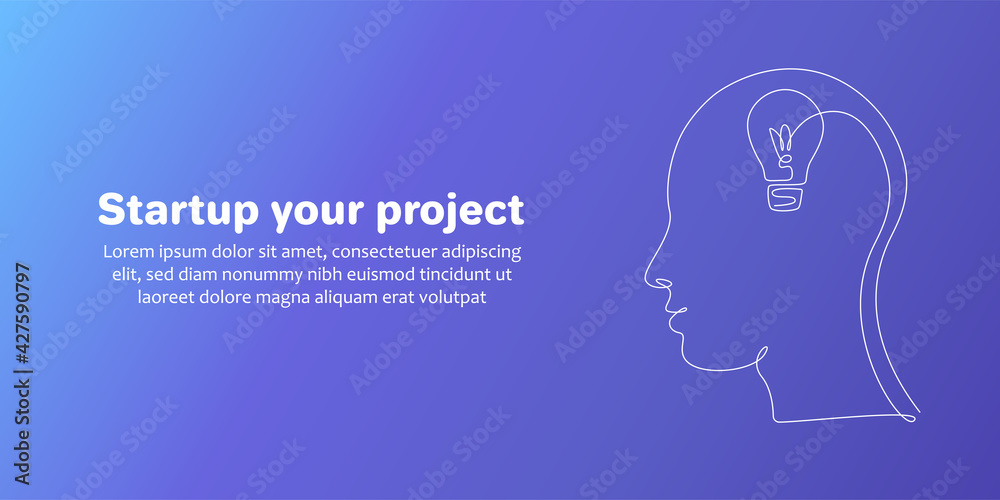 Light bulb in a human head in one line drawing style. Business project Start Up concept. Editable stroke. Vector illustration Light bulb in a human head in one line drawing style. Business project Start Up concept. Editable stroke. Vector illustration