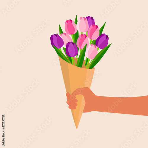 Hand holding a beautiful bouquet of tulips wrapped in craft paper isolated on beige background. Flower bouquet for mother's day, valentine's day,wedding and birthday. Vector illustration flat style.