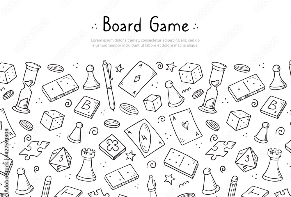 Hand drawn website banner template with of board game element. Doodle sketch style. Vector illustration for board game shop, store background, game competition banner, frame Hand drawn website banner template with of board game element. Doodle sketch style. Vector illustration for board game shop, store background, game competition banner, frame