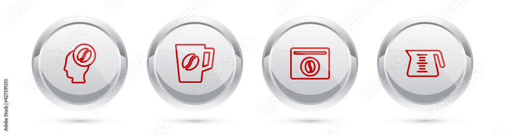 Set line Barista, Coffee cup, Bag coffee beans and pot. Silver circle button. Vector