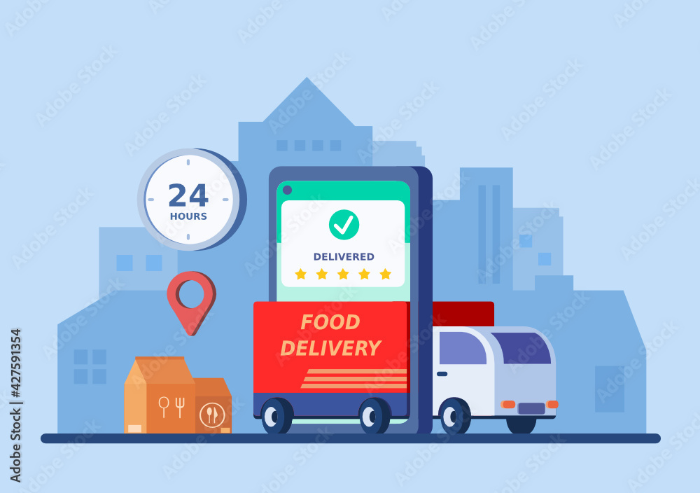 Vector illustration of online  delivery service concept. 24 hours service. Food delivery concept