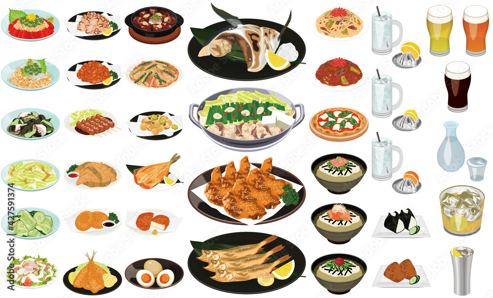 居酒屋の人気メニューアイコン もつ鍋 手羽先 ぶりカマ ビール ハイボール レモンサワー Stock Vector Adobe Stock