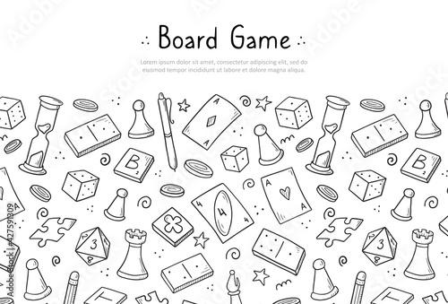Hand drawn website banner template with of board game element. Doodle sketch style. Vector illustration for board game shop, store background, game competition banner, frame