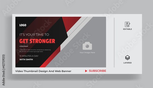 Fitness thumbnail design for your video. Gym exercise training class video thumbnail and web banner template.