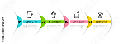 Set line Coffee cup, Teapot, Manual coffee grinder and moca. Business infographic template. Vector