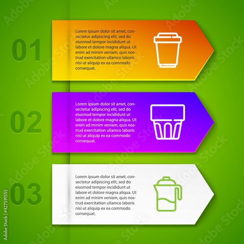 Set line Coffee cup to go, Glass with water, French press and V60 coffee maker. Business infographic template. Vector