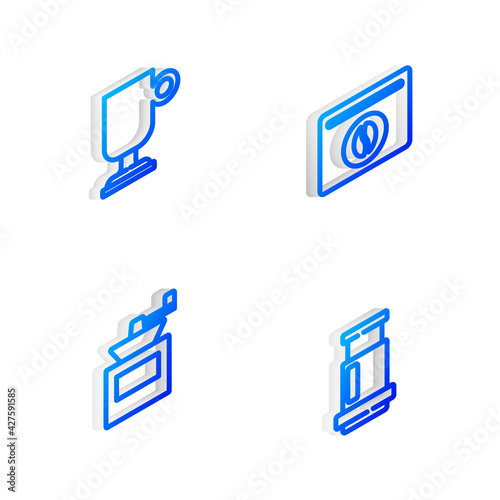 Set Isometric line Bag of coffee beans, Irish, Manual grinder and Aeropress icon. Vector