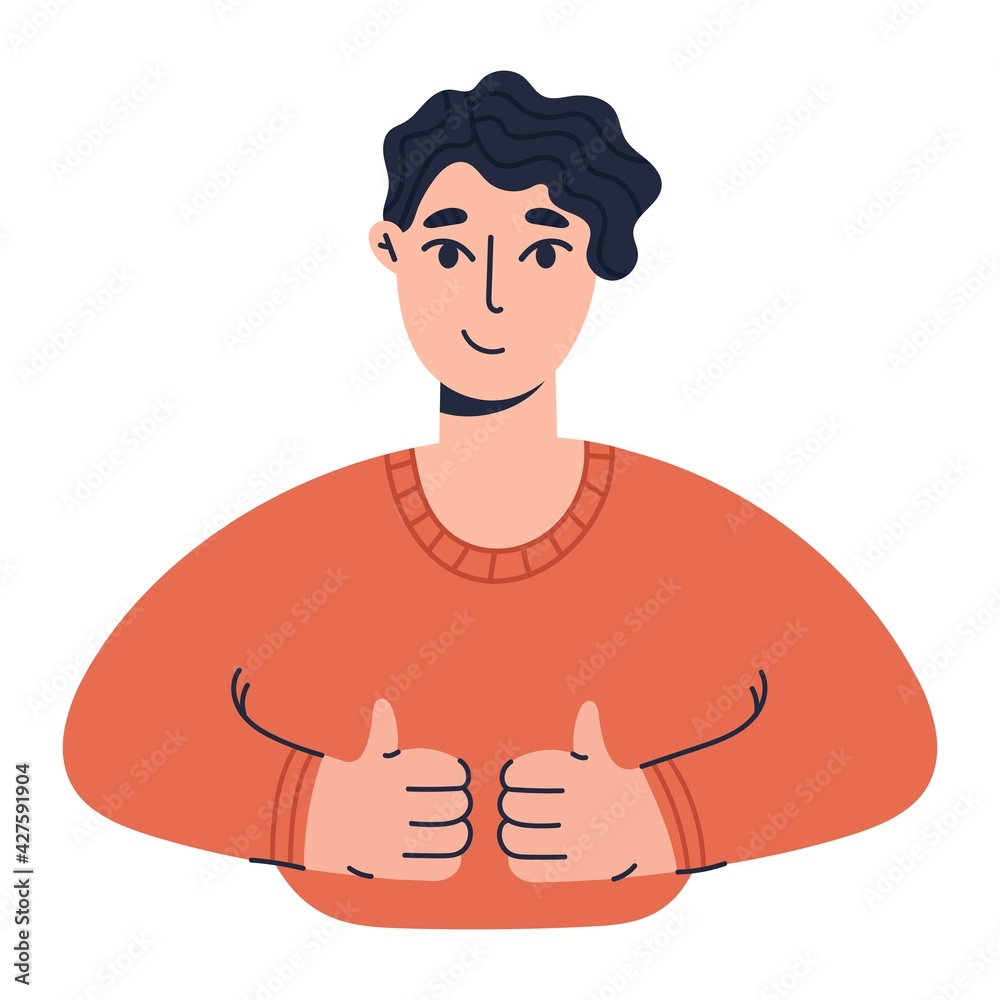 Obraz premium Happy boy showing positive gestures and emotions. Smiling man with thumbs up. Colored flat vector illustration isolated on white background