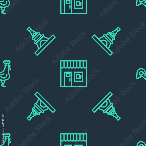 Set line Coffee shop  Eiffel tower and French rooster on seamless pattern. Vector