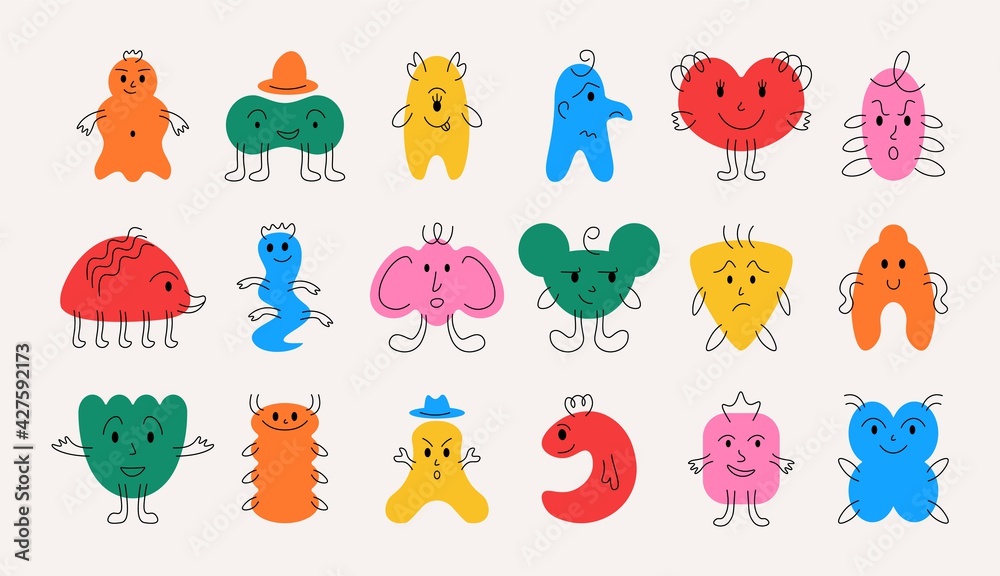 Fototapeta premium Doodle monsters. Hand drawn minimalistic funny mascots with cheerful face emotions, little monsters for kids illustrations. Vector isolated set