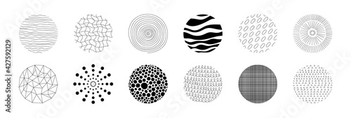 Hand drawn circle pattern. Circular geometric minimalistic texture, notebook cover memphis graphic shapes. Vector isolated set