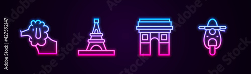 Set line Poodle dog, Eiffel tower, Triumphal Arch and Scooter. Glowing neon icon. Vector