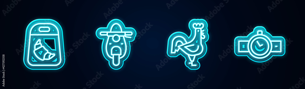 Set line Croissant package, Scooter, French rooster and Wrist watch. Glowing neon icon. Vector Set line Croissant package, Scooter, French rooster and Wrist watch. Glowing neon icon. Vector