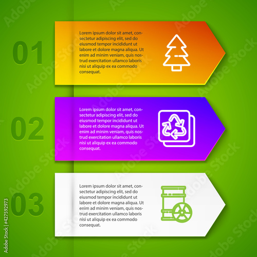Set line Christmas tree, Recycle, Radioactive waste in barrel and Garbage bag with recycle. Business infographic template. Vector