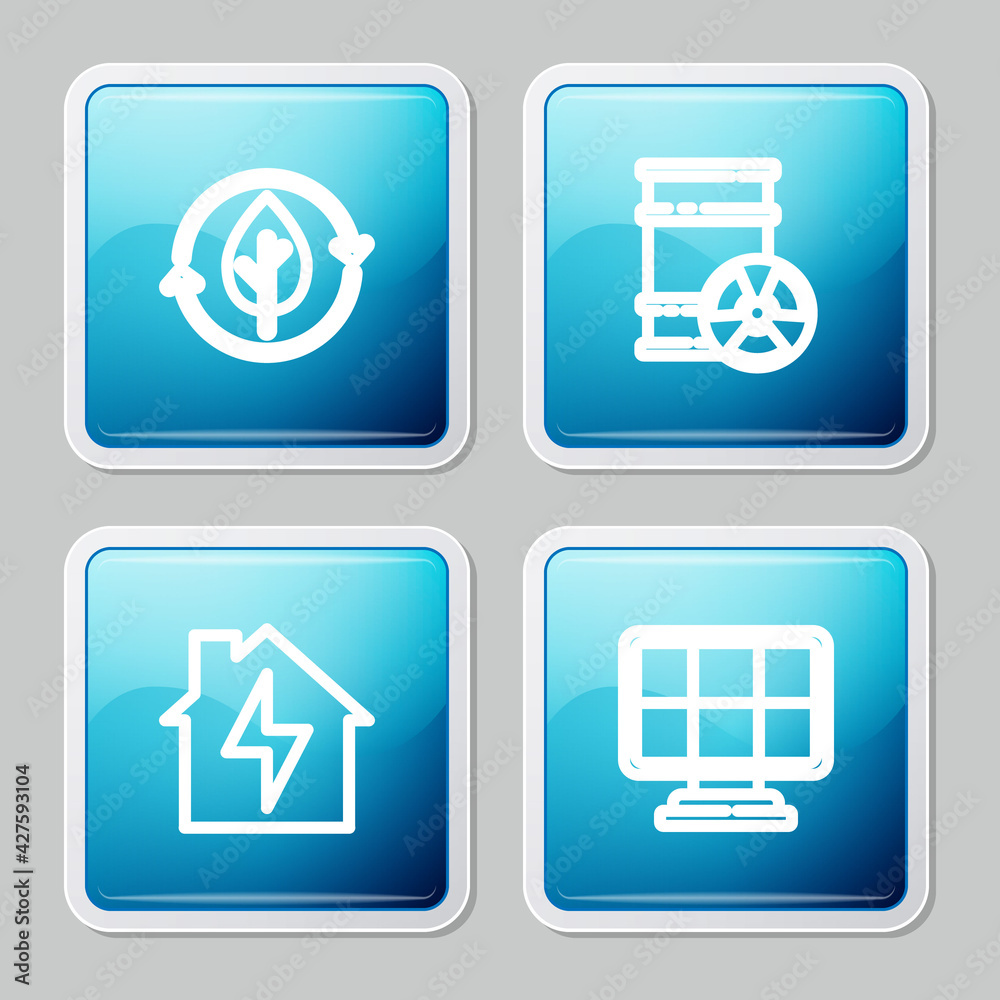 Set line Recycle and leaf, Radioactive waste in barrel, House lightning and Solar energy panel icon. Vector Set line Recycle and leaf, Radioactive waste in barrel, House lightning and Solar energy panel icon. Vector