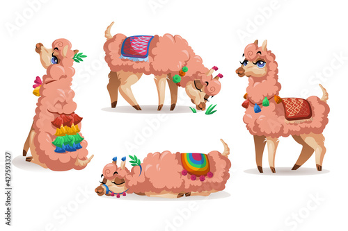 Llama, Peru alpaca animal cartoon set. Lama Mexican character, mascot with cute face wear tassels on ears and blanket different poses sitting, sleeping, grazing and stand isolated on white background