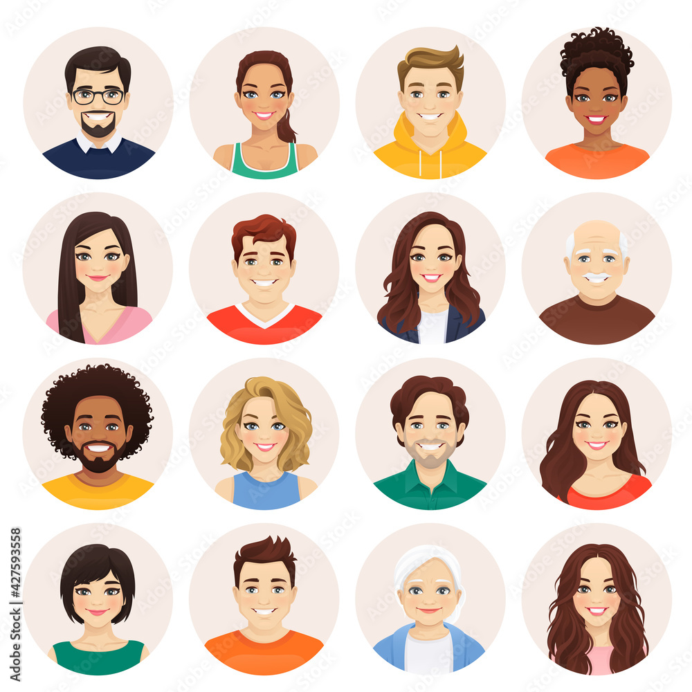 Obraz premium Smiling people avatar set. Different men and women characters collection. Isolated vector illustration.