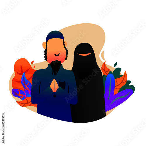 Muslim couples beard man with niqab woman give pray hand and smiling for ramadan mubarak kareem
