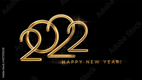 Realistic gold metal inscription 2022. Gold calligraphy New Year lettering on the black background. Design element for advertising poster, flyer, postcard. Vector illustration photo
