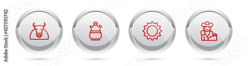 Set line Bull, Sangria pitcher, Sun and Bullfight, matador. Silver circle button. Vector