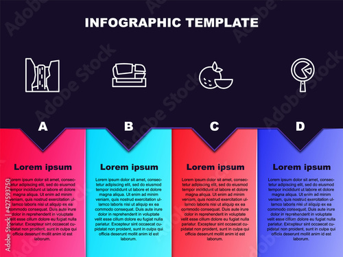 Set line Algar waterfall, Stadium Mestalla, Orange fruit and Omelette in frying pan. Business infographic template. Vector photo