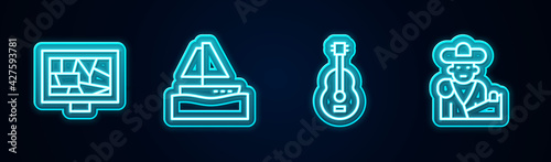 Set line Picture art, Yacht sailboat, Spanish guitar and Bullfight, matador. Glowing neon icon. Vector