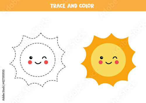Trace and color cute kawaii Sun. Worksheet for kids.