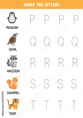 Tracing letters of English alphabet with animals. Writing practice.
