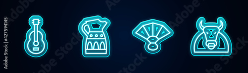 Set line Spanish guitar, Sangria pitcher, Fan flamenco and Bull. Glowing neon icon. Vector
