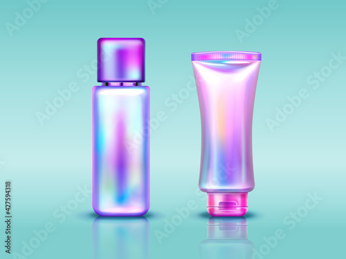 Holographic cosmetics package, tube and bottle with hand cream, makeup or skin care products. Vector realistic mockup of 3d blank containers with iridescent hologram print on blue background