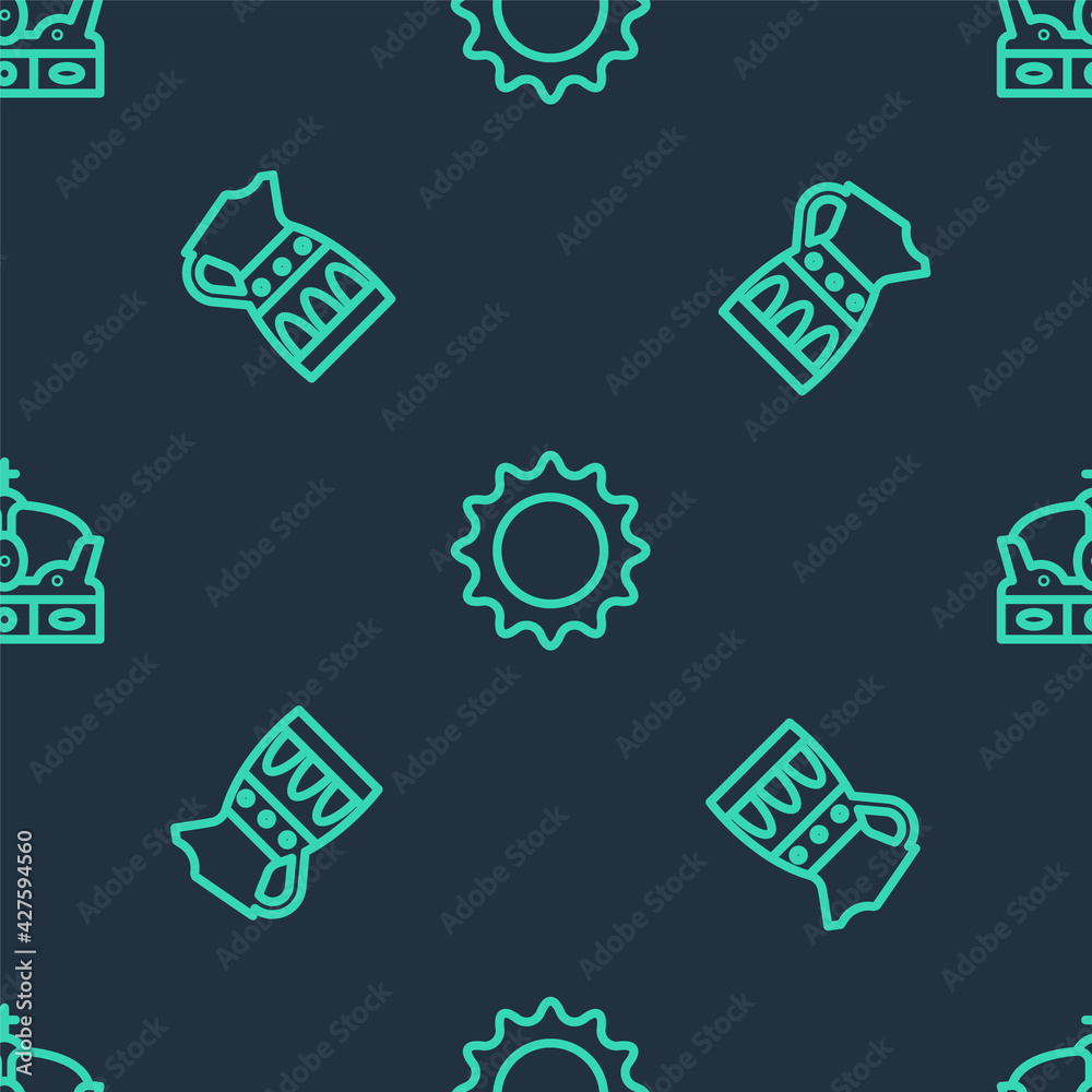 Set line Sun, Sangria pitcher and Crown of spain on seamless pattern. Vector