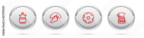 Set line Sangria pitcher, Fan flamenco, Football ball and . Silver circle button. Vector