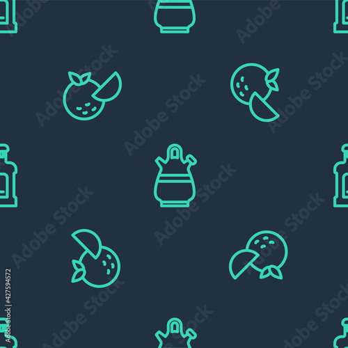 Set line Sangria pitcher, Orange fruit and Orujo on seamless pattern. Vector