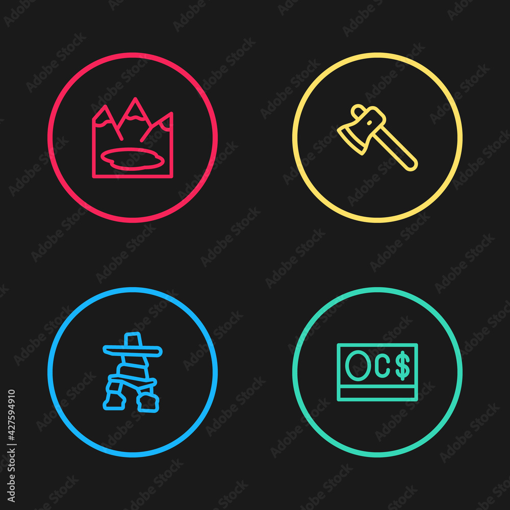 Set line Inukshuk, Canadian dollar, Wooden axe and lake icon. Vector Set line Inukshuk, Canadian dollar, Wooden axe and lake icon. Vector