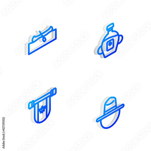 Set Isometric line Maple syrup, Kayak or canoe, Pennant Canada and Canadian ranger hat icon. Vector © vector_v