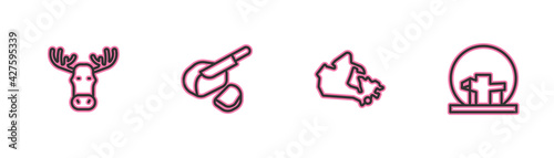 Set line Moose head with horns, Canada map, Peameal bacon and Montreal Biosphere icon. Vector