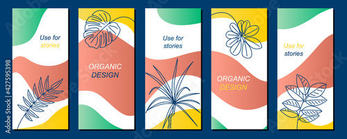Creative abstract background organic design in trendy colors 2021. Exotic plants. Use it as a story, post on Instagram or other social networks. Vector. Vertical format
