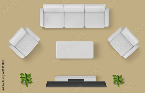 Top view of living room in house, apartment or hotel. Modern interior with tv, sofa, chair, book shelves and table. Vector realistic illustration of empty room with white furniture