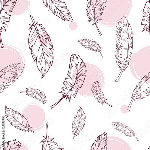 Seamless pattern with contoured feathers. Vector background. Stock vector illustration. Feathers. Black outline on a white background. Pink spot. photo